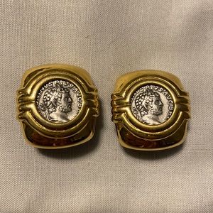 Vintage Ancient Coin Gold Tone Clip On Earrings